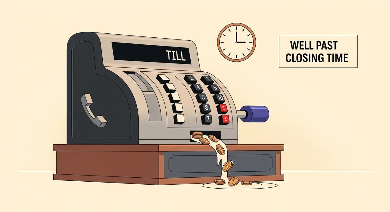 Ilustrație editorială plată a unei case de marcat de modă veche, supradimensionată, cu un firicel de monede stilizate scurgându-se în tăcere printr-o crăpătură din lateral și adunându-se pe podea, în timp ce un ceas de pe peretele din spate arată mult după ora închiderii.