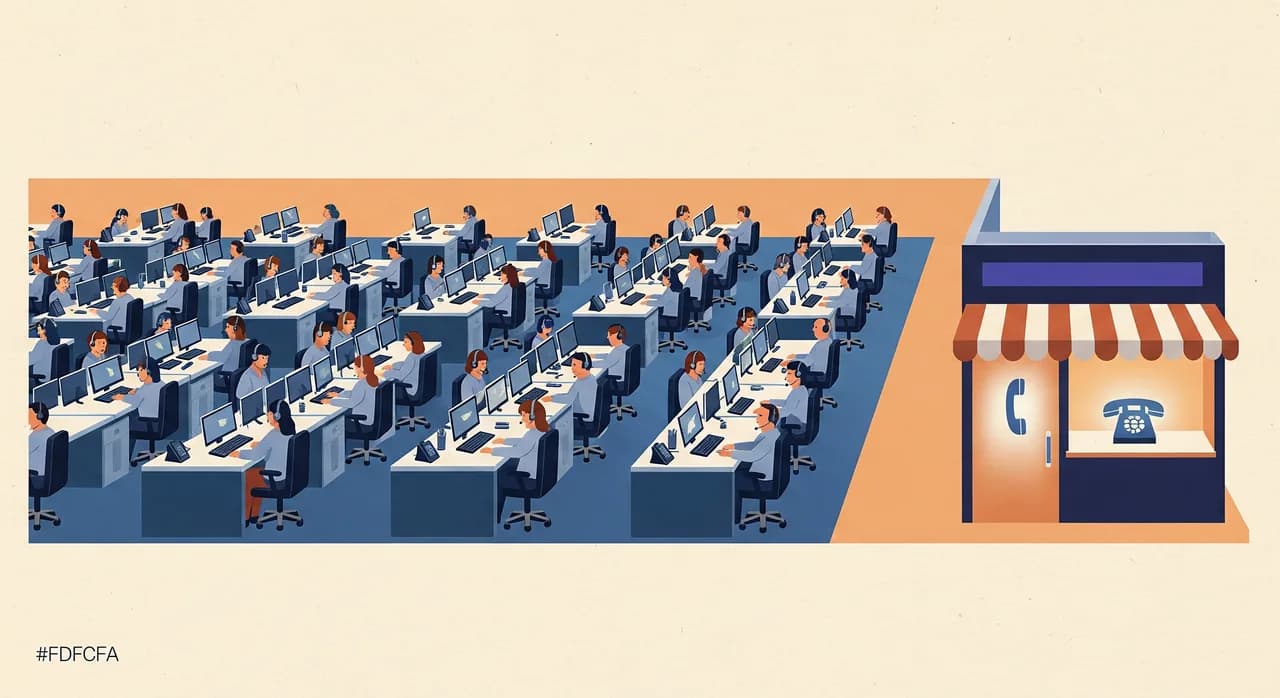 Redakčná plochá ilustrácia veľkého sálu call centra s radmi identických stolov a operátorov so slúchadlami, napravo kontrastne jeden malý obchodík so svietiacim telefónom, tlmená modrá a teplá neutrálna paleta, bez textu