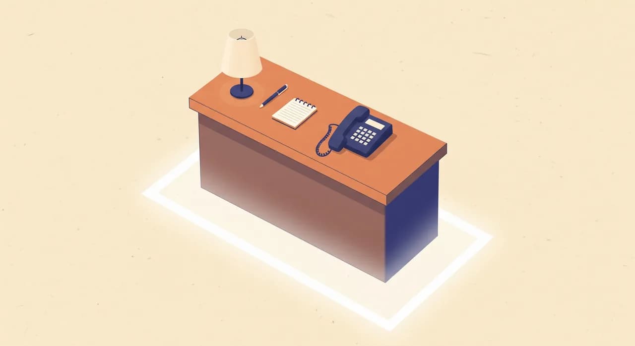 Redakčná plochá ilustrácia priateľskej recepcie s jemne žiariacou hraničnou čiarou namaľovanou na podlahe okolo nej, so slúchadlom položeným na pulte a s malým poznámkovým blokom a perom; tlmené teplé tóny, pokojné firemné prostredie, v obrázku nie je text