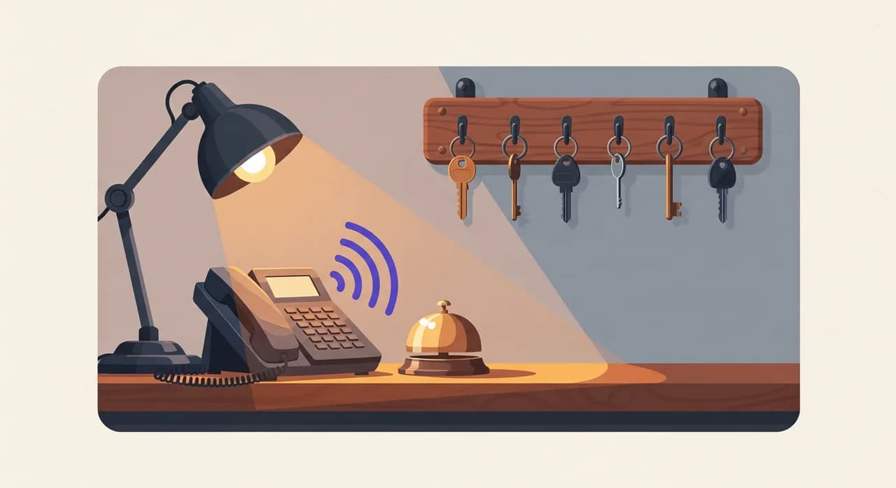 Redaktionel flad illustration af en hyggelig lille hotelreception i skumringen, en stiliseret telefon der gløder med en blød signalbølge, en tom klokke på disken, varmt lampelys, en nøglereol bagved, ingen mennesker, ingen tekst, dæmpet varm palet.