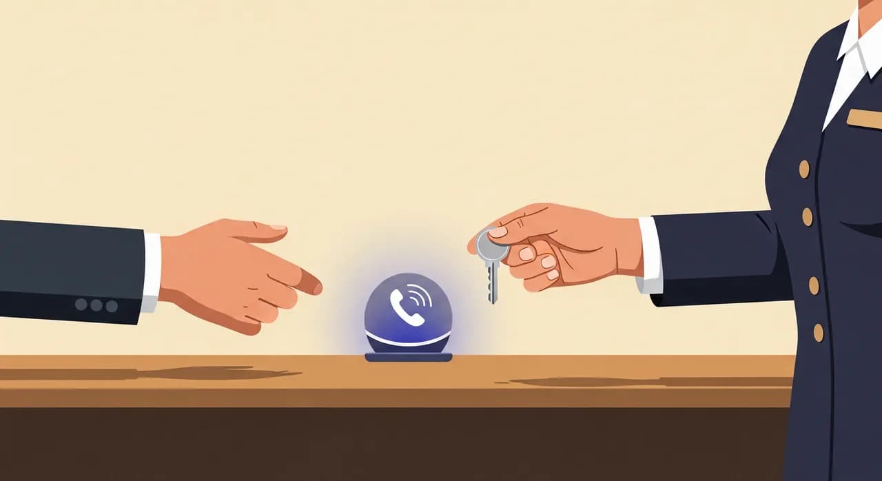 Redaktionel flad illustration af et varmt håndtryk ved en hoteldisk, hvor en værelsesnøgle gives videre, med et diskret glødende ikon for en telefonassistent, der træder tilbage i skyggen bagved, dæmpet palet, som symboliserer overleveringen fra automatisering til menneskelig gæstfrihed, ingen tekst.