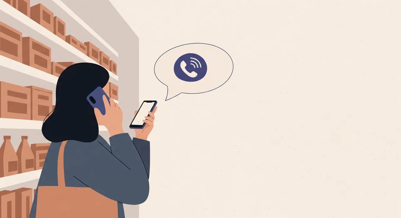 Editorial flat illustration of a person holding a phone to their ear while standing in a shop aisle, a soft speech bubble emerging from the phone with a single friendly wave symbol, calm muted colors, no text in the image