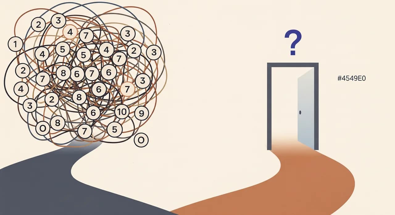 Editorial flat illustration contrasting two paths: on one side a tangled maze of numbered buttons, on the other a single clear open doorway with a question mark above it, minimal muted color palette, no text in the image