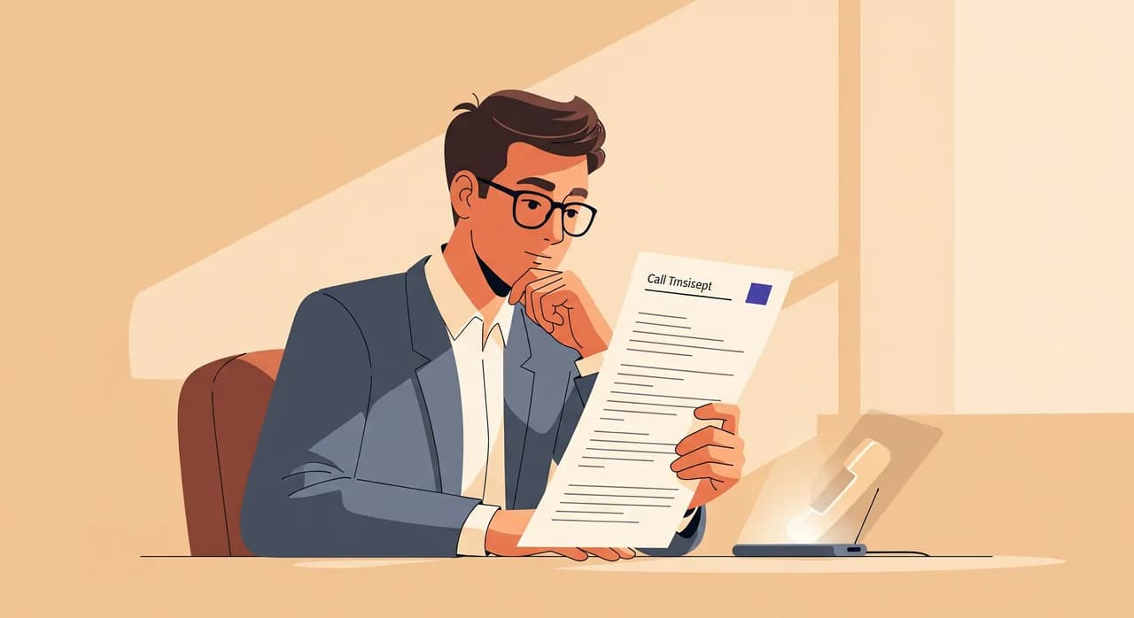 Editorial flat illustration of a small business owner reading a printed call transcript at a desk while a phone glows softly nearby, a thoughtful expression, warm daylight, muted professional palette, no text in the image
