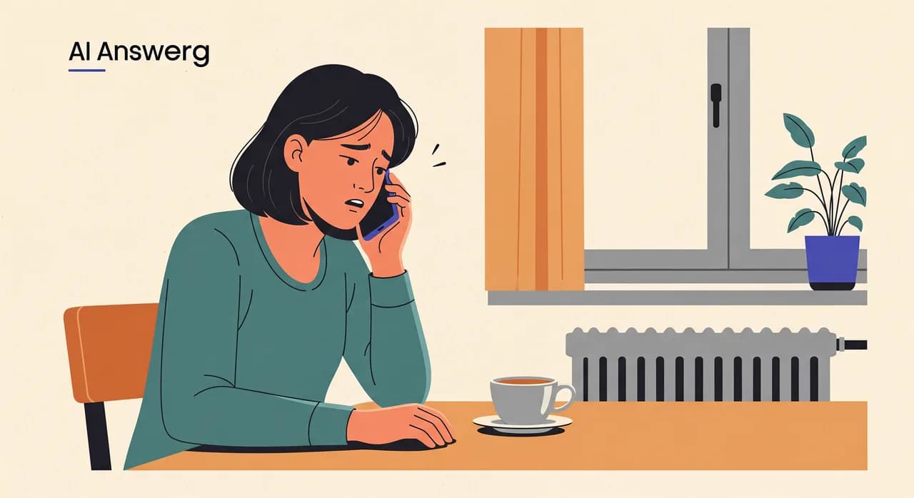 Redakčná plochá ilustrácia človeka večer za kuchynským stolom, telefón pritisnutý k uchu, napätý výraz, vedľa nedotknutá šálka čaju a v pozadí vychladnutý radiátor, tlmené petrolejové a teplé jantárové tóny, bez textu