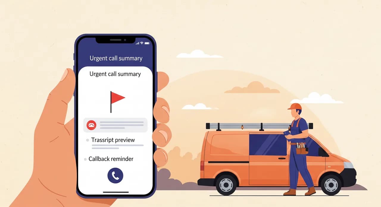 Redakčná plochá ilustrácia obrazovky smartfónu s upozornením na naliehavé zhrnutie hovoru, červenou ikonou príznaku, náhľadom prepisu a pripomienkou spätného volania, v ruke remeselníka pri pracovnej dodávke za súmraku, tlmená petrolejovo-jantárová paleta, bez čitateľného textu