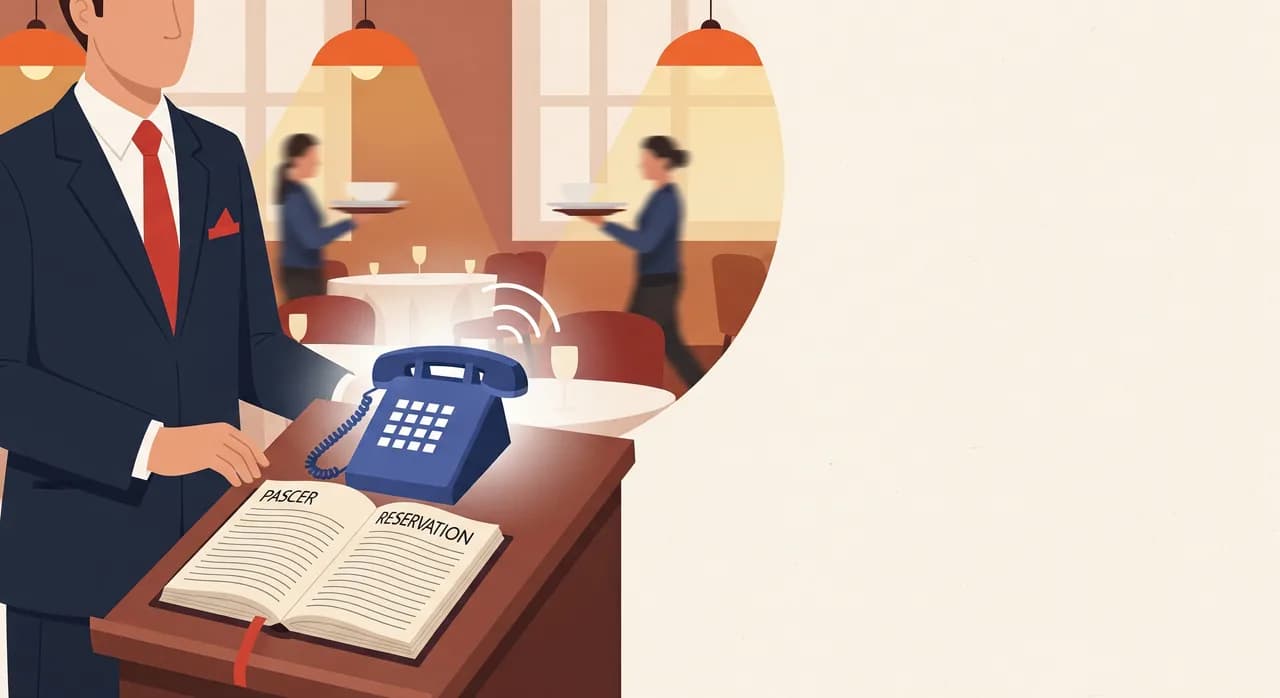 Redakční plochá ilustrace rušného host stanu restaurace během večerního provozu: rozsvícený zvonící telefon na pultíku, vedle otevřená rezervační kniha, teplá světla jídelny a rozmazaní číšníci nesoucí talíře v pozadí, nikdo volný, aby to zvedl. Tlumená teplá paleta, bez textu.