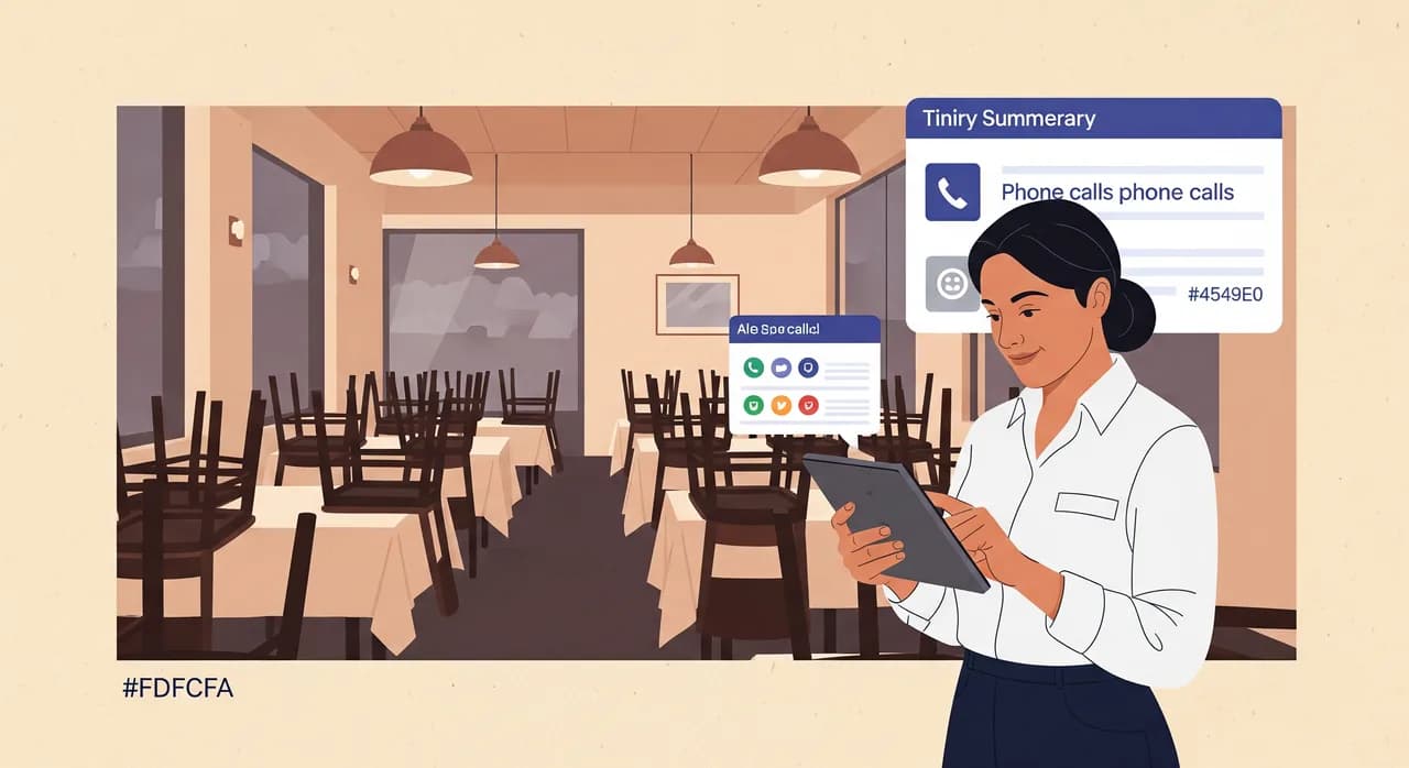 Redakční plochá ilustrace majitele restaurace, který si po provozu na tabletu prochází úhledné digitální shrnutí večerních telefonátů, prázdná jídelna se židlemi vytaženými na stolech, klidná atmosféra konce večera. Teplá tlumená paleta, bez textu.