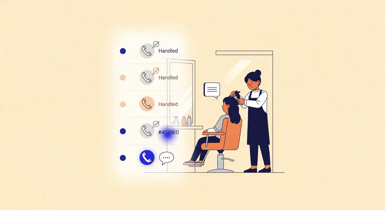 Redaktionel flad illustration af en lille virksomhedsejer, der arbejder roligt i en frisørsalon, mens en blødt lysende tidslinje ved siden viser fem opkaldsikoner — tre markeret som håndteret, to der rækker en lille seddel til ejeren. Afdæmpet, optimistisk palet, ingen tekst i billedet.