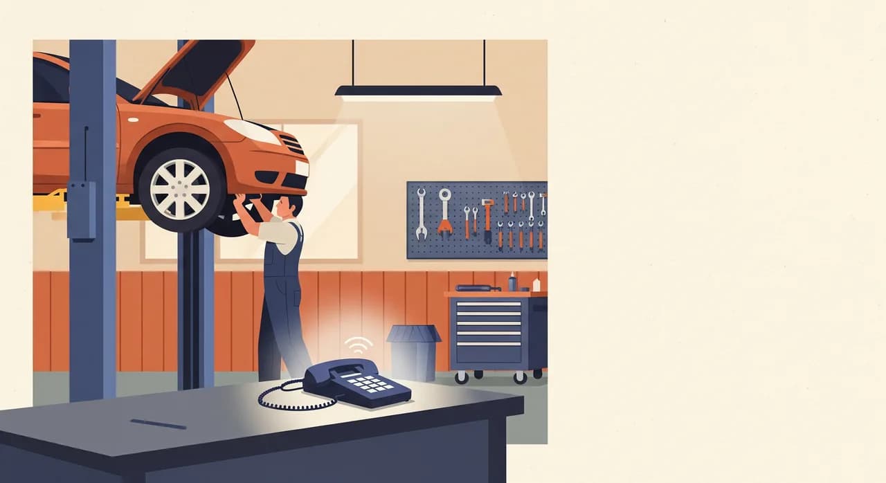 Editoriálna plochá ilustrácia rušného interiéru autoservisu: mechanik pod autom zdvihnutým na zdviháku má ruky na motore, zatiaľ čo v popredí na prázdnom servisnom pulte svieti a zvoní telefón. Teplé osvetlenie dielne, náradie na dierovanej stene, tlmená industriálna paleta, bez textu.