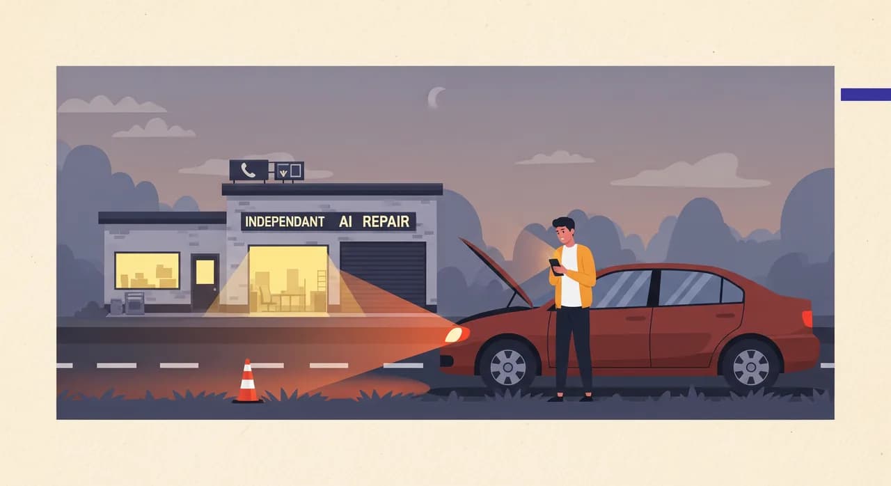 Editoriálna plochá ilustrácia auta odstaveného na krajnici cesty za súmraku so zapnutými výstražnými svetlami a ustaraného vodiča s telefónom vedľa neho. V pozadí malý nezávislý autoservis s rozsvietenými svetlami. Pokojná tlmená farebná paleta, pocit úľavy, bez textu.