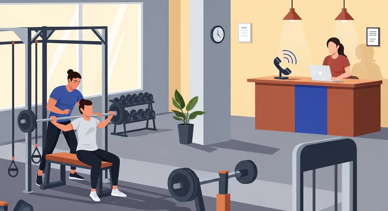 Redakčná plochá ilustrácia rušnej tréningovej plochy fitness štúdia: v popredí tréner istí klienta pri stojane na drepy, v pozadí prázdny recepčný pult so zvoniacim telefónom, ktorý nemá kto zdvihnúť, teplé tlmené tóny, bez textu.