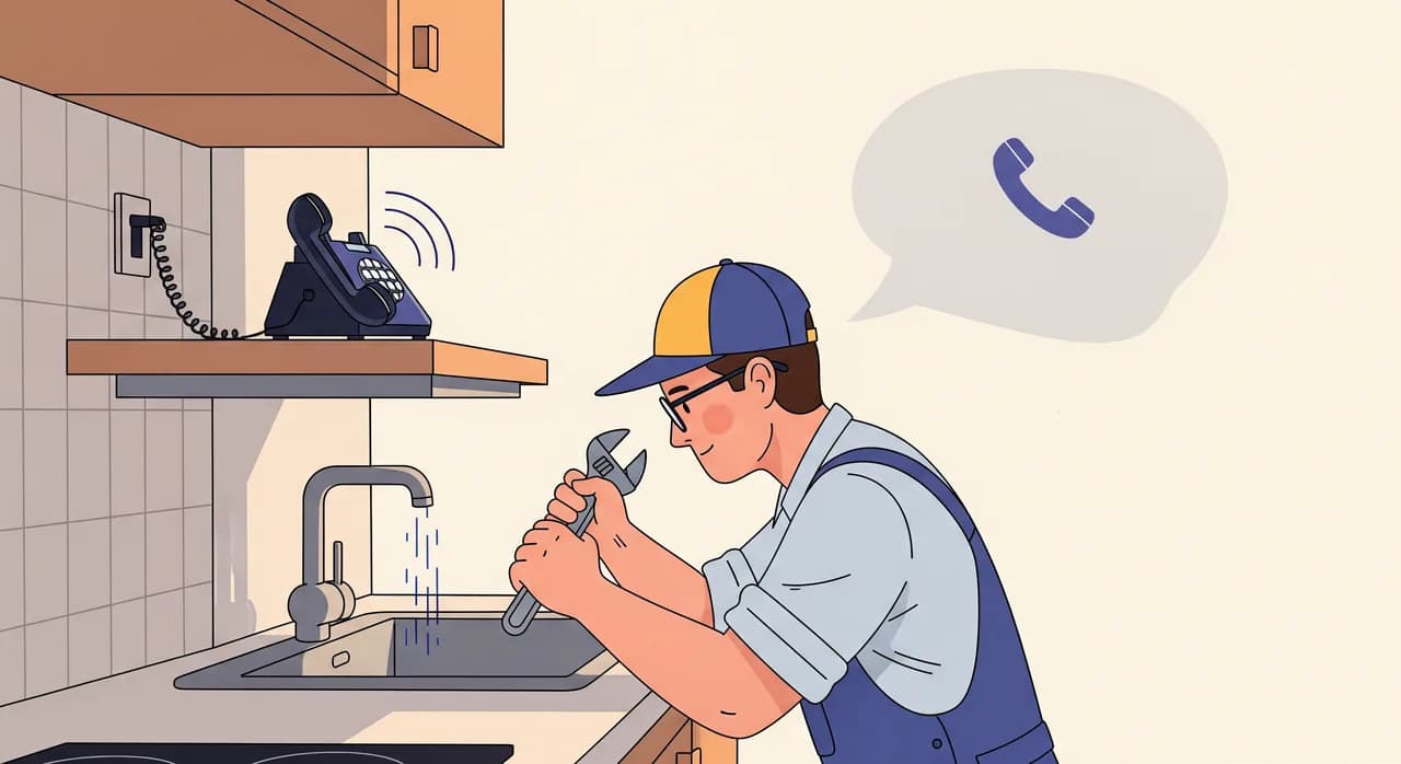 Editorial flat illustration of a plumber under a kitchen sink with a wrench while their work phone rings on the countertop above, a soft speech bubble indicating a call being answered elsewhere, warm daylight kitchen setting, no text in image