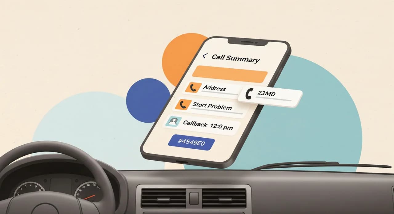 Editorial flat illustration of a smartphone screen showing a tidy call summary card with an address, a short problem description, and a callback time, floating above a service van dashboard, calm blue and teal palette, no readable text in image