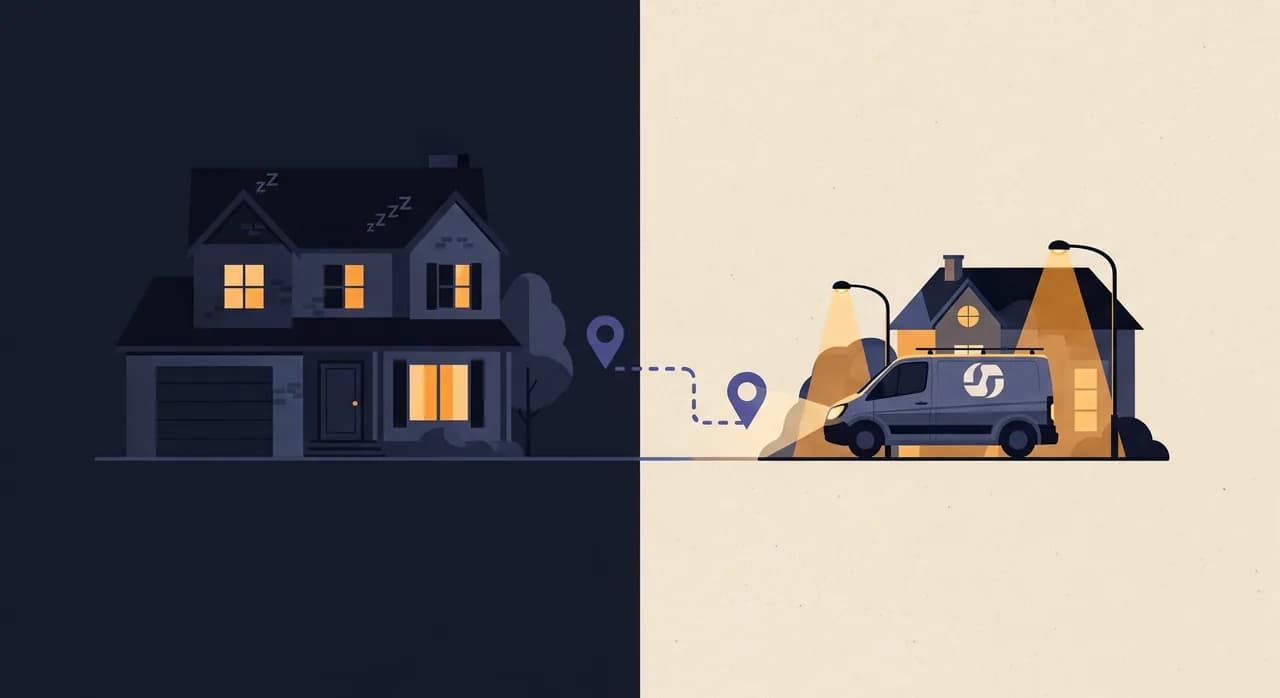 Editorial flat illustration of a nighttime scene split in two: on one side a peaceful sleeping household, on the other a service van heading out under streetlights toward a lit house, a subtle routing arrow connecting them, deep navy and amber tones, no text in image