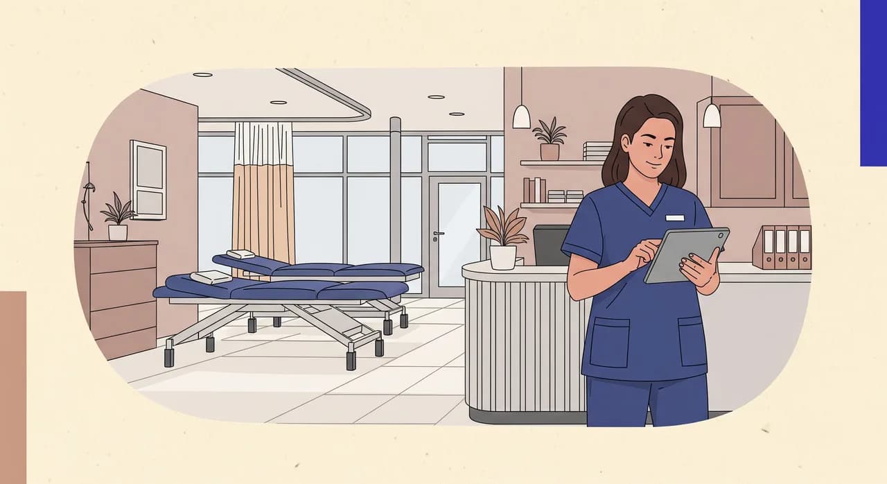 Redakční plochá ilustrace klidného fyzioterapeuta, který mezi pacienty prohlíží úhledné shrnutí hovoru na tabletu ve světlé recepci kliniky, v pozadí je vidět ošetřovna, teplá profesionální barevná paleta, bez textu.