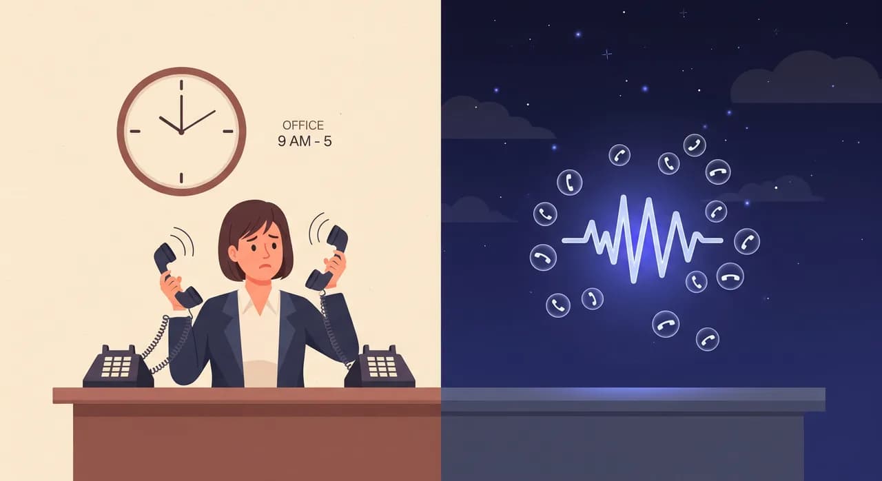 Redakční plochá ilustrace recepce malé firmy rozdělená napůl: vlevo jediná lidská recepční žonglující se dvěma zvonícími telefony a hodinami ukazujícími otevírací dobu; vpravo klidná zářící ikona zvukové vlny obsluhující najednou mnoho bublin hovorů pod noční oblohou. Tlumená profesionální paleta, jedna teplá akcentová barva, žádný text v obrázku.