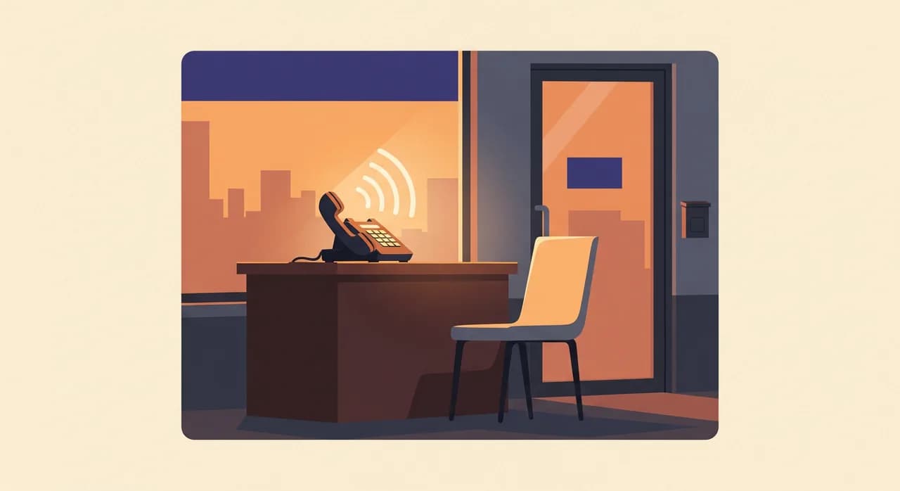 Editorial flat illustration of a small shop front desk at dusk, a glowing phone handset on the counter with soft sound waves rising from it, an empty chair beside it, warm muted colors, calm and reassuring mood, no text.