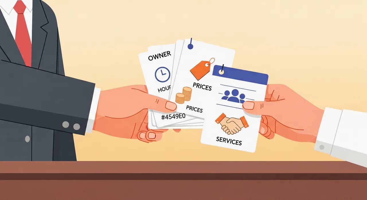 Editorial flat illustration of a friendly index-card briefing being handed across a counter, cards labeled with simple icons for hours, prices and services, symbolizing an owner teaching an assistant the facts of the business, warm palette, clean minimal style, no text.