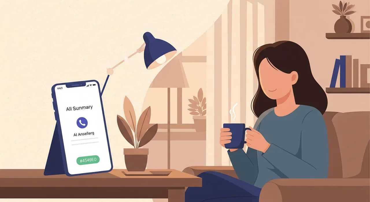 Editorial flat illustration of a relaxed small-business owner at home in the evening holding a mug, phone on the table showing a neat call summary notification, calm domestic setting, soft warm evening light, reassuring mood, clean minimal style, no text.