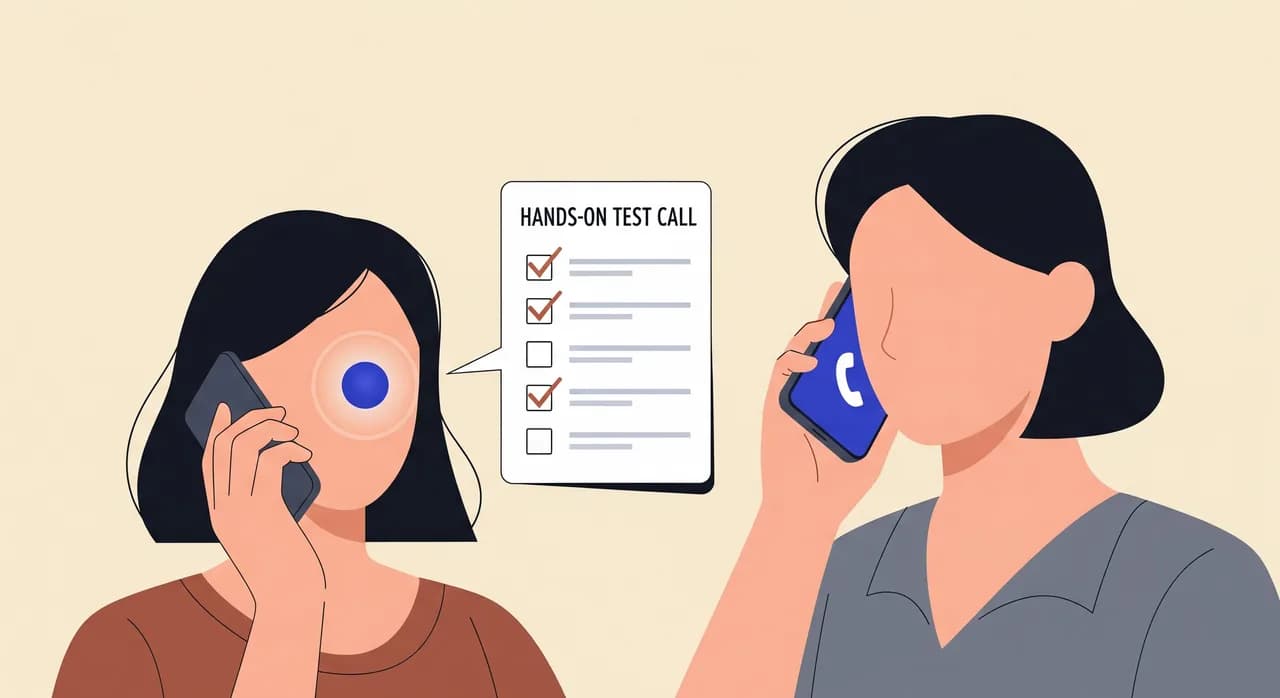 Redaktionel flad illustration af en person, der holder en smartphone op til øret med en lille tjekliste svævende ved siden med fem afkrydsede punkter, der symboliserer et praktisk testopkald til en AI-stemmeassistent, rolig neutral palet med et enkelt teal-højdepunkt, ingen læsbar tekst.