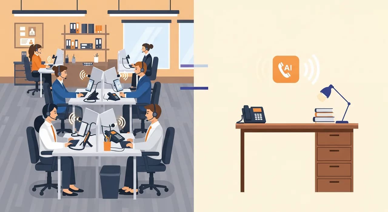 Redakčná plochá ilustrácia rozdelená na polovicu: vľavo zdieľané veľkopriestorové call centrum s viacerými operátormi so slúchadlami, ktorí naraz vybavujú hovory rôznych firiem; vpravo jeden uprataný stôl malej firmy s jediným telefónom a jemne žiariacou ikonou zvukovej vlny, ktorá predstavuje AI asistentku dvíhajúcu hovor. Tlmená profesionálna paleta, jedna teplá akcentová farba, bez textu.