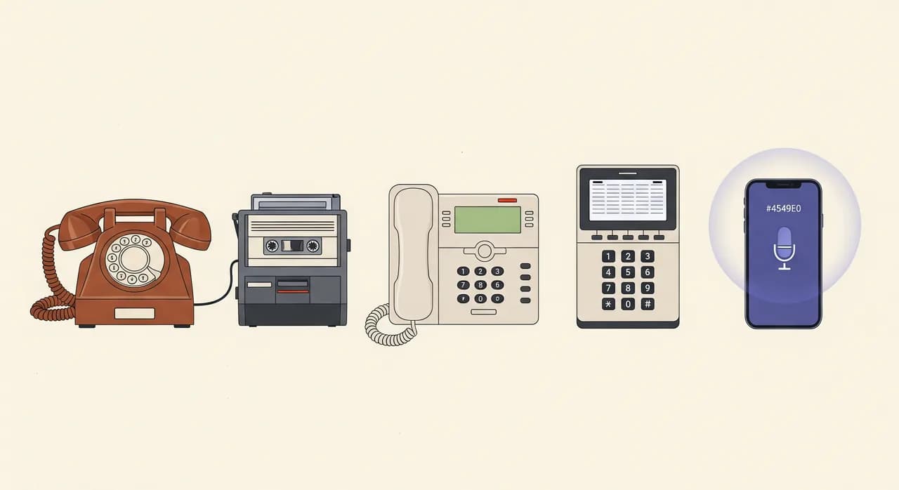 Editoriálna plochá ilustrácia časovej osi telefónov, ktoré sa vyvíjajú zľava doprava: od kotúčového telefónu s kazetovým záznamníkom cez béžový kancelársky telefón s rozsvieteným tlačidlom odkazovej schránky a telefón zobrazujúci číselné menu na klávesnici až po moderný smartfón s jemne žiariacou rečovou bublinou, čistá tlmená paleta, v obrázku nie je žiadny text