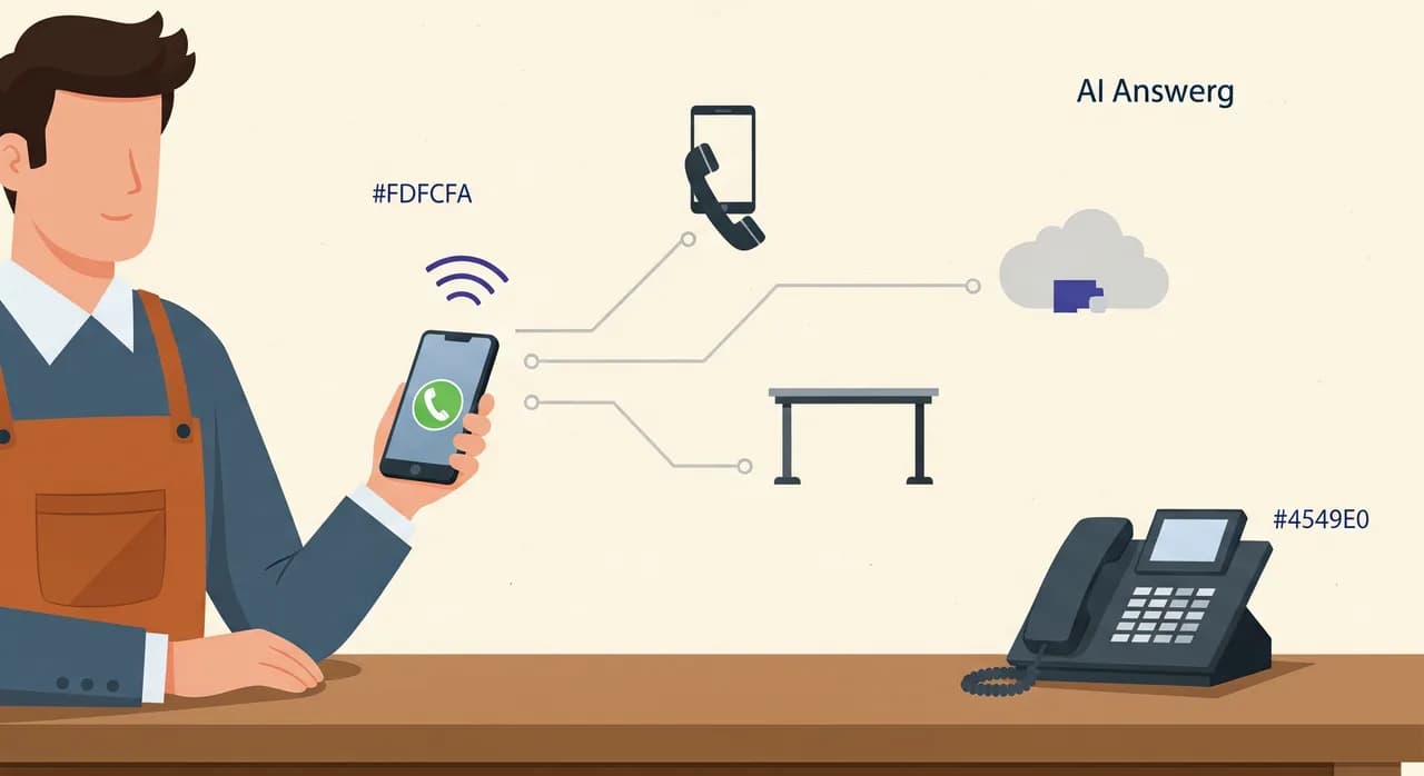 Editorial flat illustration of a small business owner at a wooden workbench holding a smartphone, with three faint routes branching out from the phone toward a mobile handset, a desk landline, and a cloud icon, calm muted colours, no text in the image.