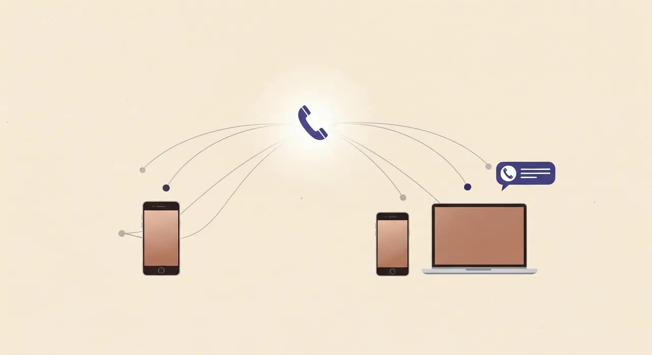 Editorial flat illustration of a single virtual phone number represented as a glowing node, with soft lines fanning out to a mobile phone, a laptop, a second person's phone, and a small assistant chat bubble, warm neutral palette, clean and airy, no text in the image.