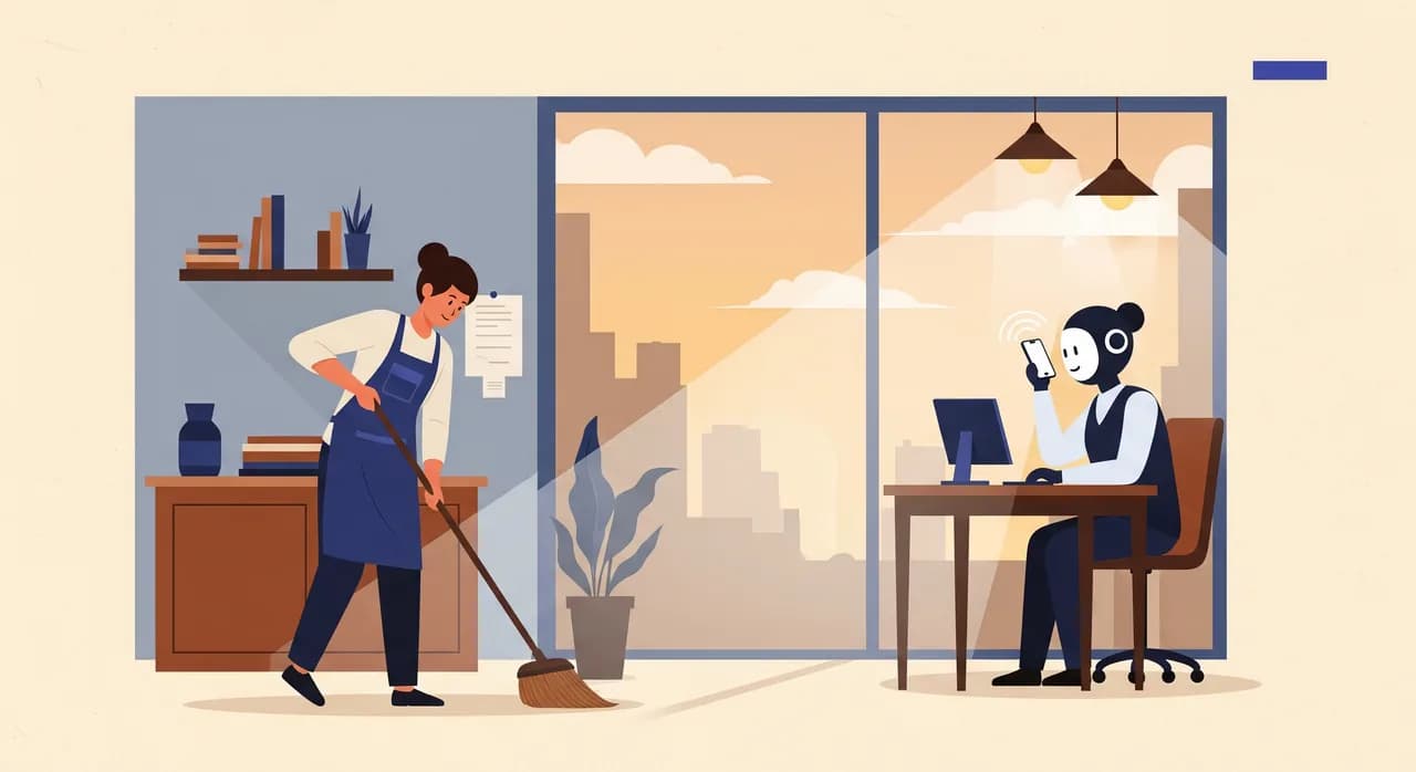 Editorial flat illustration of a relaxed shop owner sweeping the floor after closing while a friendly assistant figure at a small desk answers a ringing phone in the background, evening light through the window, reassuring calm mood, no text in the image.