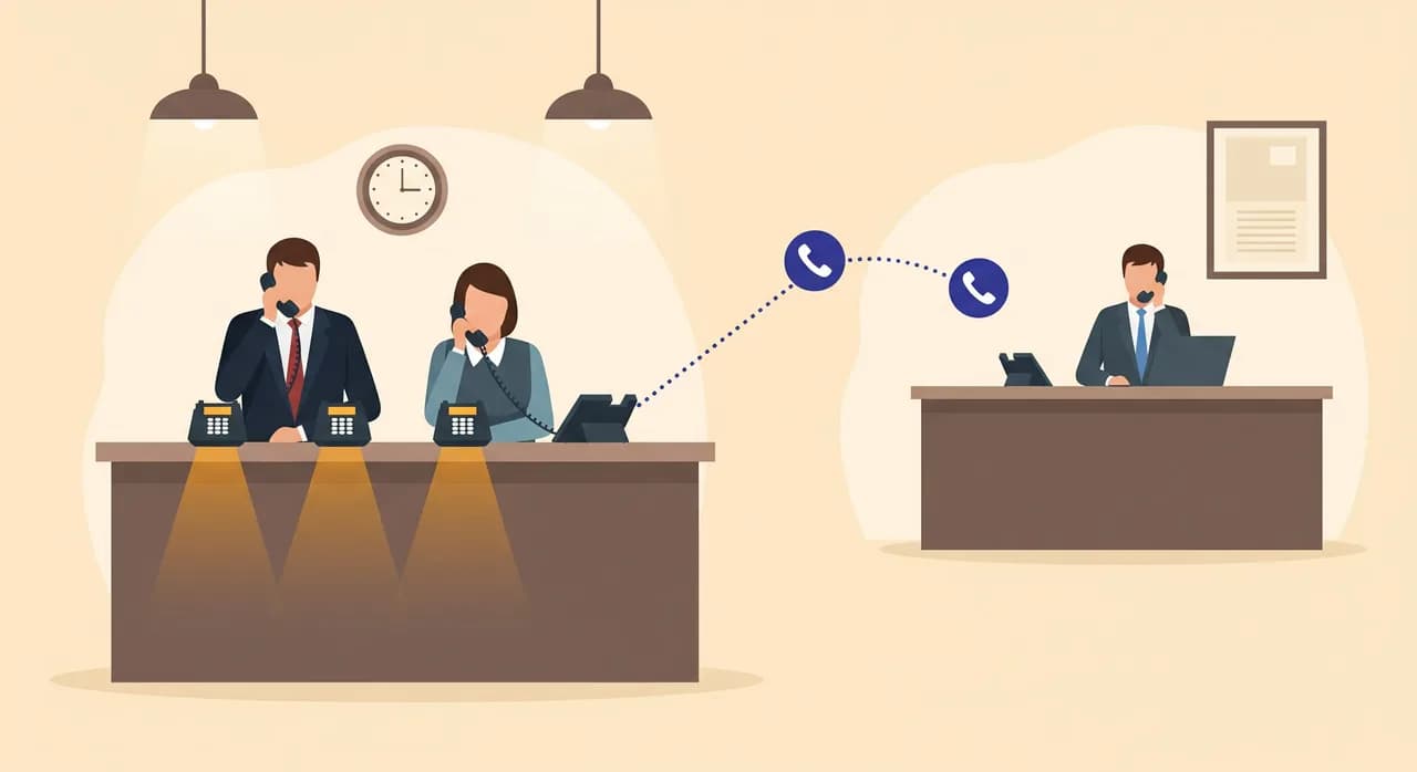 Redakčná plochá ilustrácia recepcie malej firmy s tromi telefónnymi linkami rozsvietenými v teplej jantárovej farbe, dvoma zamestnancami, ktorí už telefonujú, a štvrtým prichádzajúcim hovorom, ktorý sa ticho presmeruje po bodkovanej čiare k pokojnému druhému stolu v pozadí. Tlmená profesionálna paleta, bez textu.