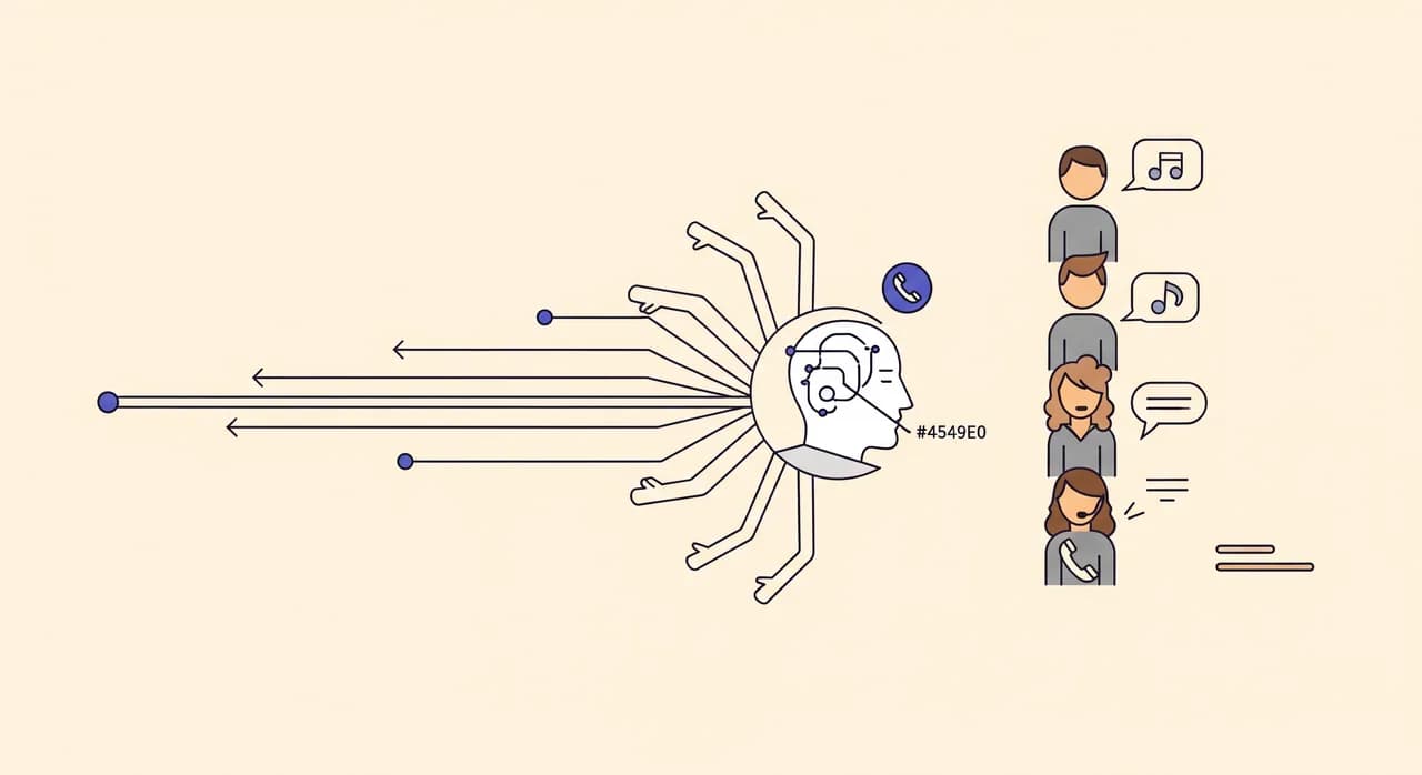Redakčná plochá ilustrácia, na ktorej sa jeden prichádzajúci hovor vetví do mnohých súbežných hovorov, ktoré súčasne obsluhuje jediná pokojná postava digitálneho asistenta, v kontraste s tradičným radom volajúcich čakajúcich vedľa na linke. Teplé neutrálne tóny, čisté línie, bez textu.