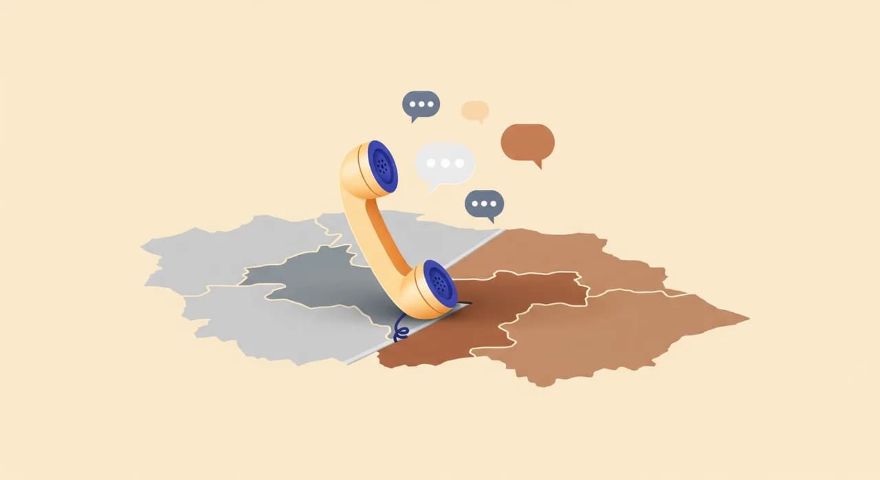 Redakčná plochá ilustrácia jednoduchej mapy s dvoma susednými regiónmi v odlišných odtieňoch, telefónnym slúchadlom položeným cez hranicu medzi nimi a malými bublinami reči vznášajúcimi sa nad ňou — tichá, tlmená paleta, žiadny text v obrázku.