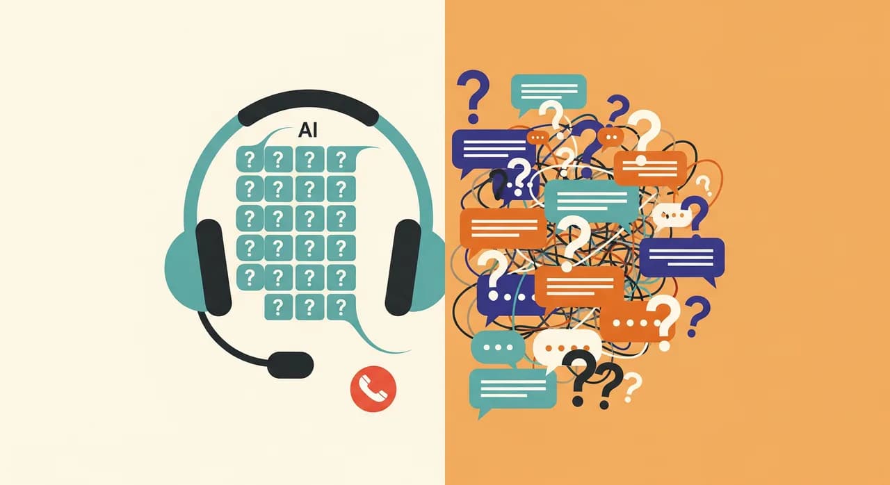 Redaktionel flad illustration af et telefonopkald delt på midten: på den ene side et roligt, ordnet gitter af rutinespørgsmål, der glider jævnt ind i et headset, på den anden side et virvar af overlappende talebobler og spørgsmålstegn, der står for en rodet menneskelig samtale. Dæmpet petroleumsgrøn og varm okker, rene geometriske former, ingen tekst i billedet.