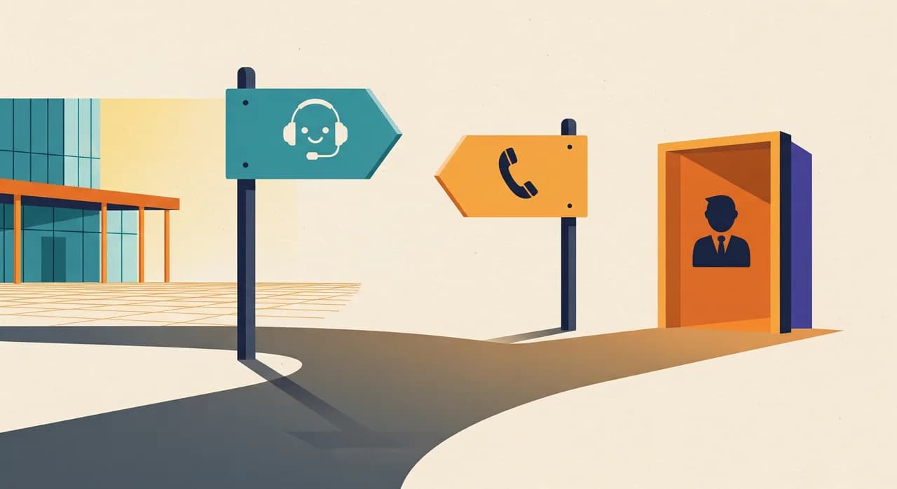 Redaktionel flad illustration af en enkel vejviser ved en gaffel på stien: den ene pil peger mod en lys, åben plads markeret med et venligt headset-ikon for rutineopkald, den anden mod en varm døråbning med en menneskesilhuet for opkald, der kræver en person. Tryg, ordnet komposition i dæmpet petroleumsgrøn og okker, flad geometrisk stil, ingen tekst i billedet.