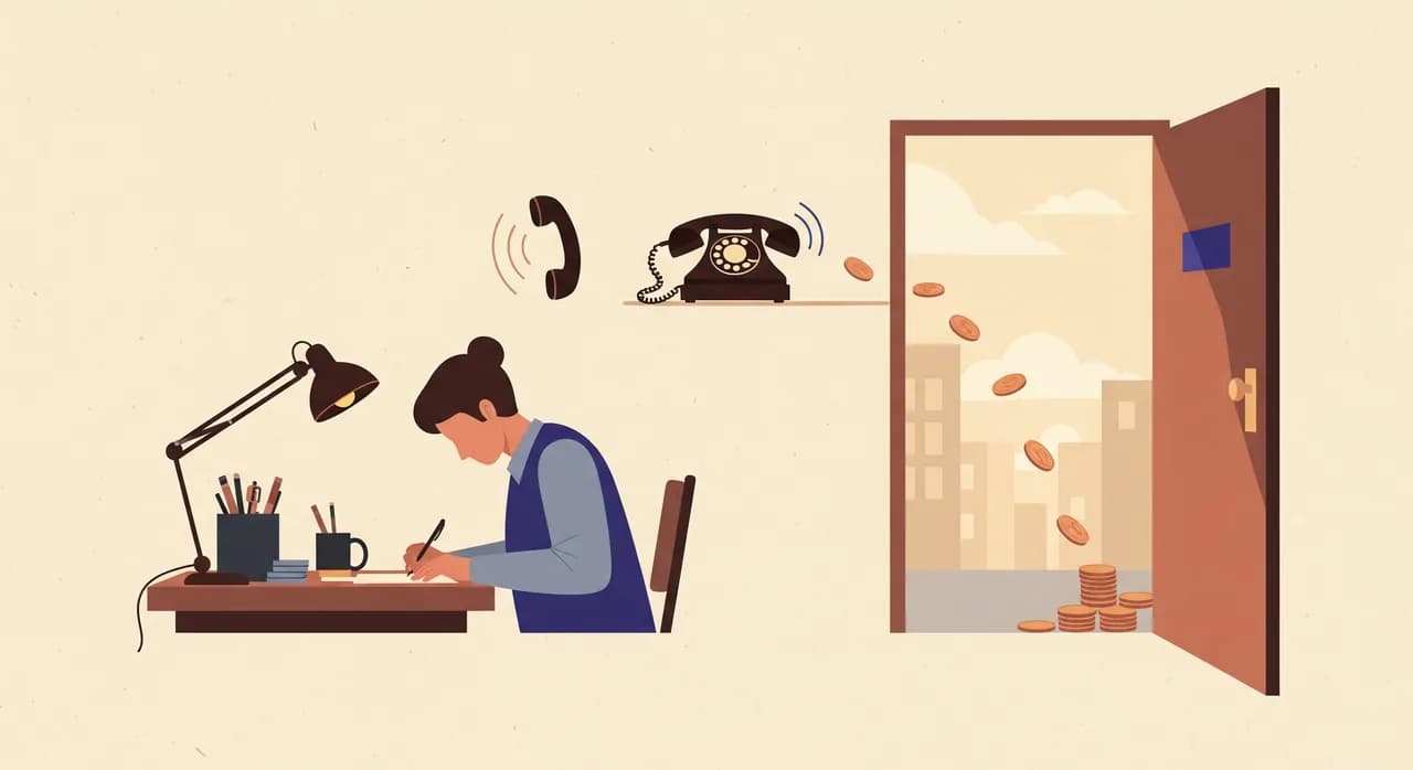 Editorial flat illustration of a small business owner at a workbench with a phone ringing unanswered in the background, a faint trail of coins drifting out the open door into the street. Warm muted palette, no text in the image.