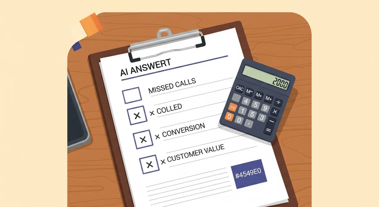 Editorial flat illustration of a simple worksheet on a clipboard showing three multiplied boxes — missed calls, conversion, customer value — with a small calculator beside it on a wooden desk. Clean muted colours, no readable text in the image.