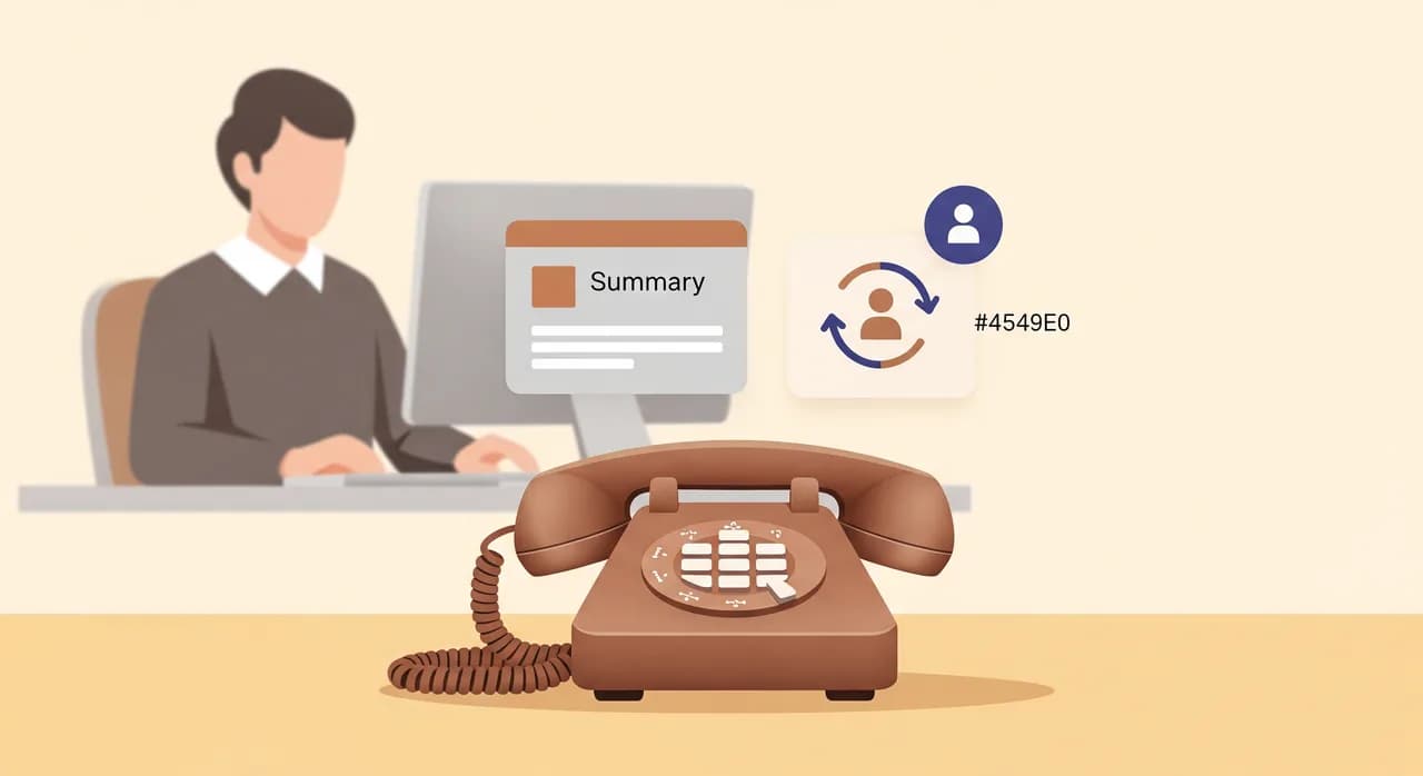 Editorial flat illustration of a calm phone on a desk answering a call automatically, a small summary card and a returning customer icon floating gently above it, while the owner works uninterrupted in the background. Soft muted palette, no text in the image.