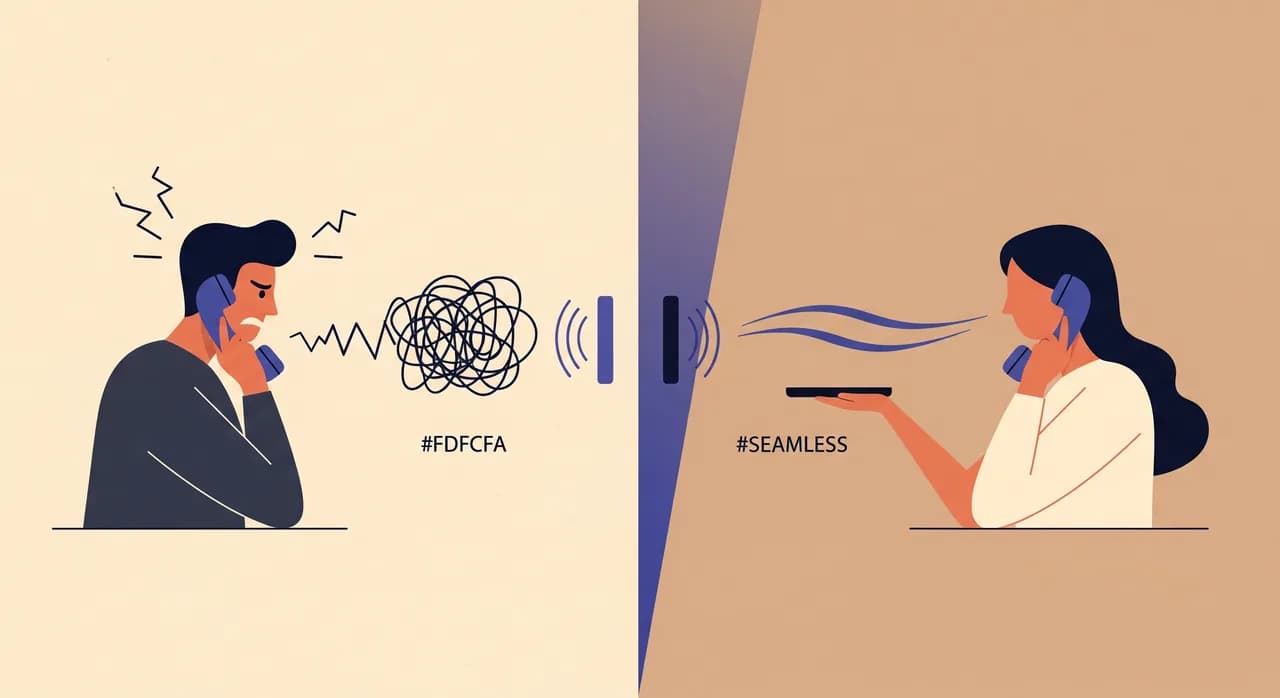 Redakčná plochá ilustrácia porovnávajúca dvoch volajúcich vedľa seba: vľavo napätá postava s telefónom, z ktorého reproduktora vychádza zúbkatá zamotaná čiara, vpravo uvoľnená postava s hladkou pokojnou vlnou z reproduktora. Vyvážená kompozícia, tlmená teplá paleta, geometrický štýl, v obrázku nie je žiadny text.