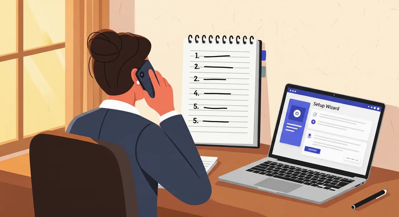 Editorial flat illustration of a small business owner at a tidy desk, phone in hand, testing their new AI phone assistant by calling it, a calm morning light coming through a window, a notebook with five handwritten questions beside a laptop showing a simple setup wizard, muted professional palette, no text in the image.