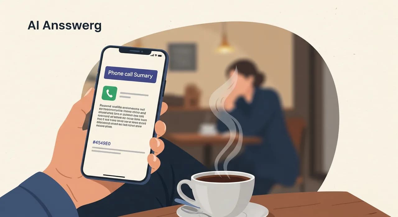 Editorial flat illustration of a phone call summary appearing on a smartphone screen held by a relaxed business owner during a coffee break, a short readable transcript and a one-line note visible, warm cafe or workshop background out of focus, muted professional palette, calm mood, no text in the image.