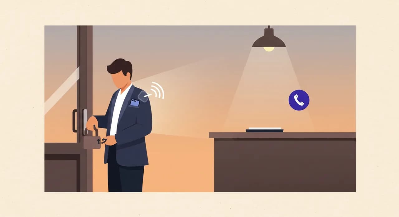 Editorial flat illustration of a calm end-of-week scene: a small business owner locking up a shop at dusk, phone in pocket, a soft glow indicating calls are still being answered in the background, an empty quiet counter, reassuring and warm mood, muted professional palette, no text in the image.