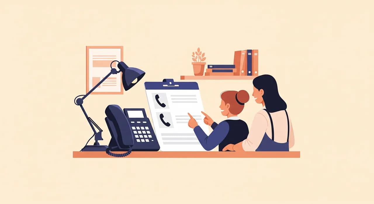 Redakční plochá ilustrace zalaminované kartičky s tahákem opřené vedle stolního telefonu v malém obchodě, dva zaměstnanci nahlížejí do stejné kartičky, klidné uspořádané pracoviště, teplá tlumená paleta, minimální tvary, na kartičce žádný čitelný text.