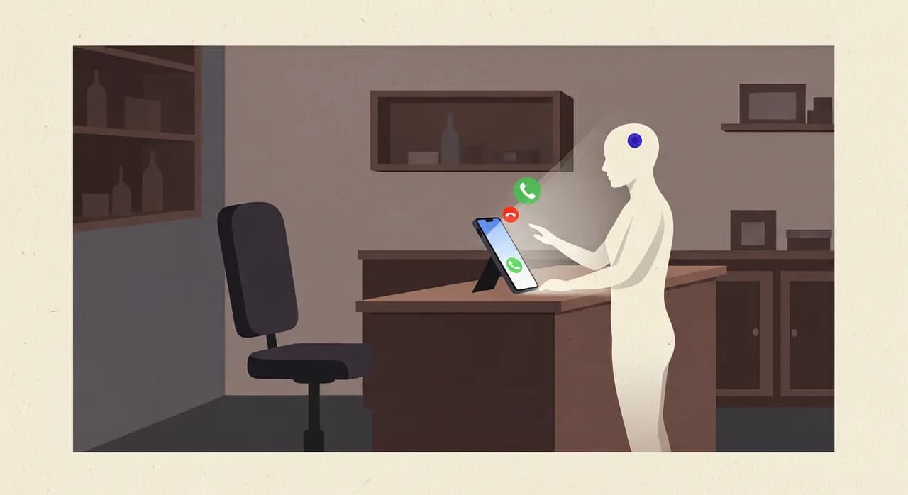 Redaktionel flad illustration: en lille butiksdisk om natten, telefonen lyser med et indgående opkald, ejerens stol er tom; en blød anden figur af lys står ved disken og svarer og antyder en altid-tændt assistent. Afdæmpet professionel palet, ingen tekst.