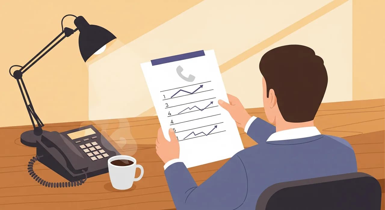 Editorial flat illustration of a small business owner at a wooden desk reviewing a single sheet of paper with five simple rows and trend arrows, a desk phone beside a coffee mug, calm morning light, muted warm palette, no text