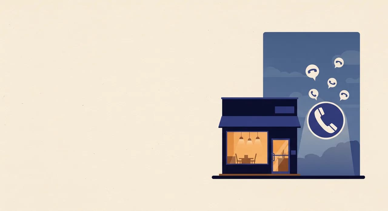 Editorial flat illustration of a darkened small shopfront at dusk with lights off inside, while outside a phone icon glows with several small call bubbles arriving, suggesting demand knocking after closing time, muted blue and amber palette, no text