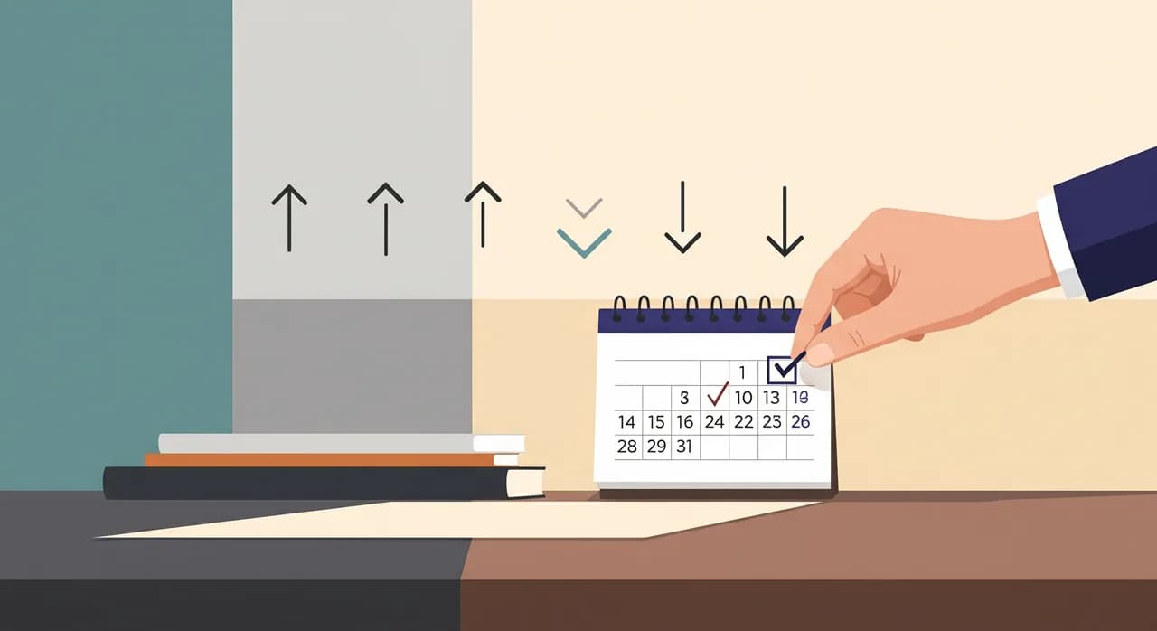 Editorial flat illustration of five simple upward and downward trend arrows arranged in a row above a small calendar marked once a month, a hand adding a single tick mark, clean minimal desk scene, muted teal and cream palette, no text