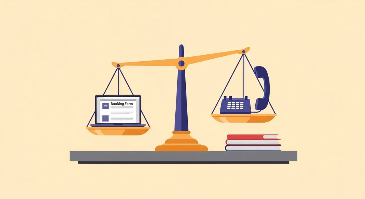 Redakčná plochá ilustrácia vyvážených váh, kde na jednej miske leží malý notebook s rezervačným formulárom a na druhej telefónne slúchadlo, váhy stoja vodorovne a pevne na upratanom recepčnom pulte, teplý sebavedomý tón, tlmená paleta, bez textu.