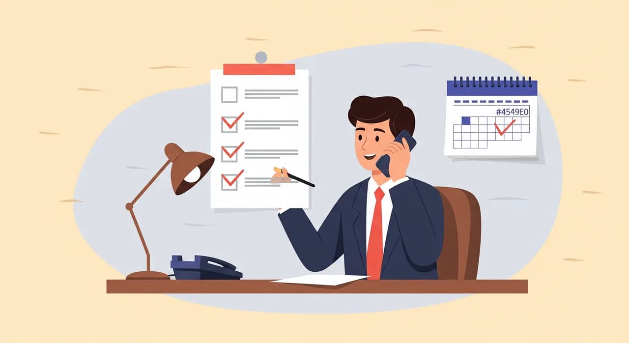Redaktionelle Flat-Illustration: Inhaber eines Kleinbetriebs sitzt an einem aufgeräumten Schreibtisch, hält ein Telefon ans Ohr und hakt Punkte auf einer einfachen Checkliste ab, an der Wand ein Kalender mit einer monatlichen Markierung, ruhige gedämpfte Farbpalette, kein Text im Bild.