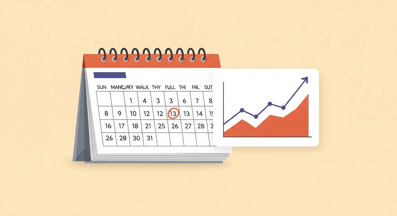 Redaktionelle Flat-Illustration: Wandkalender mit einem eingekreisten Tag pro Monat und daneben ein kleines Liniendiagramm, das flach und niedrig verläuft, als Symbol für eine beständige monatliche Qualitätskontrolle, sanfte gedämpfte Farbpalette, klar und beruhigend, kein Text im Bild.